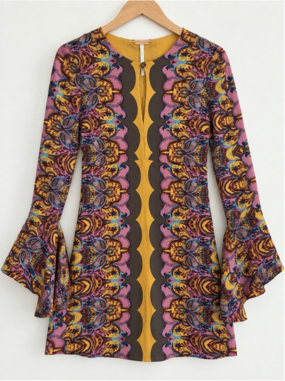 Free People Size 0 Paisley Bell Sleeve Mini Dress Boho Keyhole A-Line Rayon